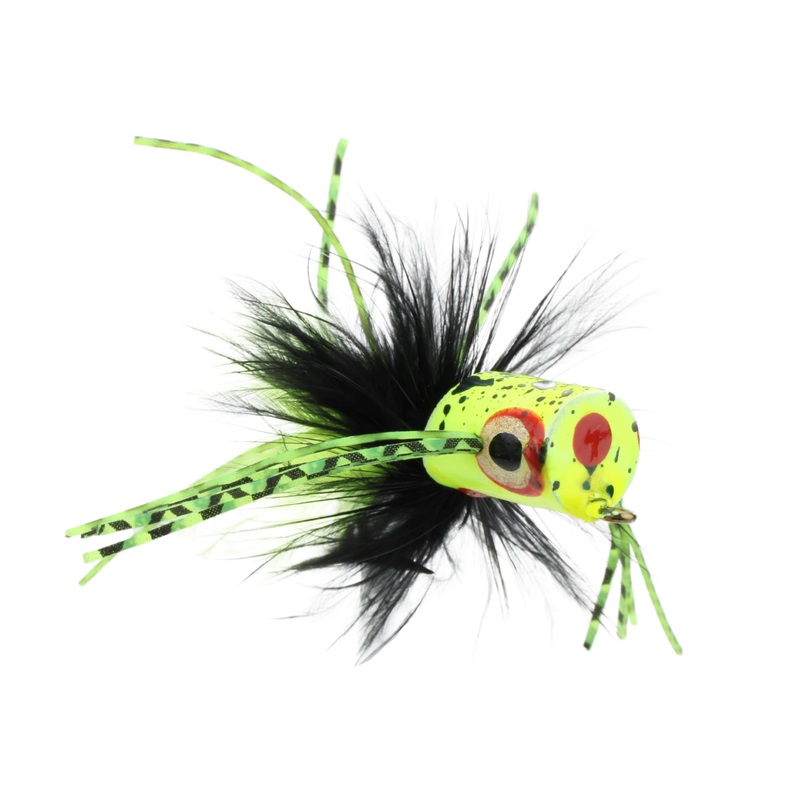 Flat Face Mini Panfish Popper, Size 6 | Green and Yellow Spider Legs | Qty. 4 | Wild Water Fly Fishing