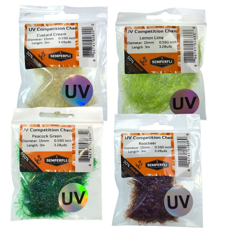 Competition UV Chenille 15mm|Biscuit|Blushing Sunburst|Brown Trout|Cheddar Cheese|Custard Cream|Diamond White|Electric Blue|Fag End|Fl Atomic Yellow|Fl Hot Red|Fl Nuclear Green|Fl Orange|Fl Shrimp Pink|Fresh Peach|Grape|Hot Candy Pink|Lemon Lime|Midnight