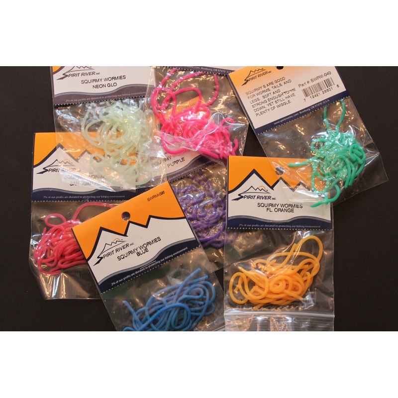 Squirmy Wormies|Neon Glow|Inchworm Green|Purple|San Juan Red|Blue|Fl. Orange|Hot Pink|Earthworm|Bloodworm Red