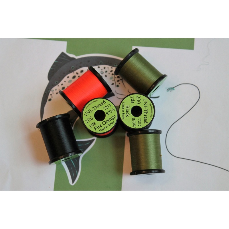 Uni 8/0 thread|Black|Olive|Fire Orange|Lt. Cahill|Gray|Lt. Olive|Pink|Red|Tan|Chartreuse|Dark Brown|White|Orange|Fl. Orange
