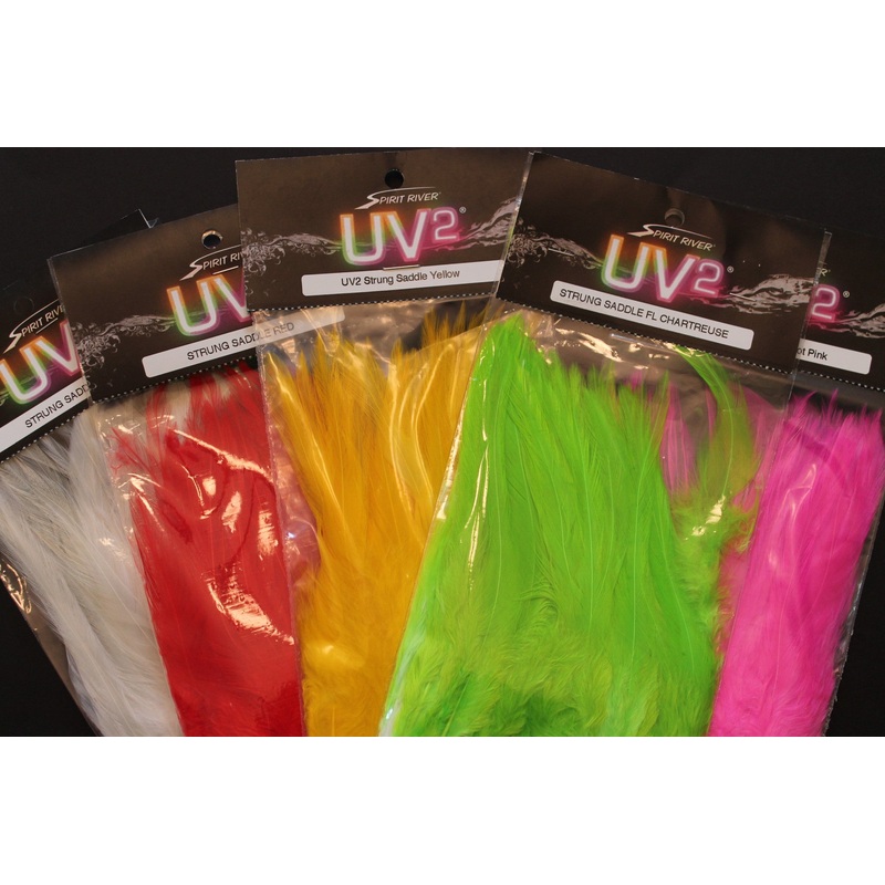 UV2 Strung Saddle Hackle|Black|White|Yellow|Red|Fl. Chartreuse|Hot Pink
