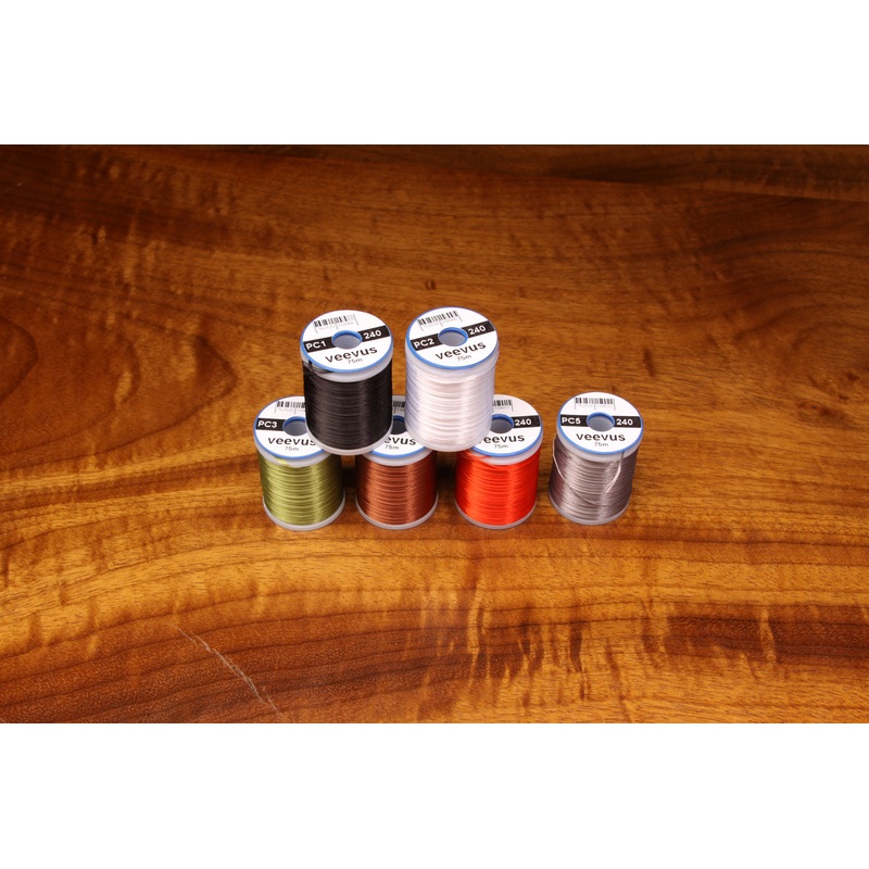 VEEVUS POWER THREAD 240||11 Black||127 Flo Chartreuse||129 Flo Fire Orange||133 Flo Hot Pink||137 Flo Orange||165 Gray||263 Olive||310 Red||377 White||40 Brown