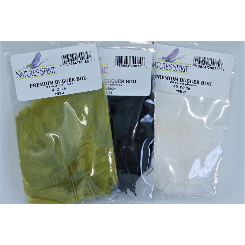 Premium Bugger Bou Marabou|Black|Olive|White|Light Olive|Gray Olive|Brown Olive|Crawdad Orange|Red|Orange|Fl. Orange|Fl. Chartreuse|Fl. Hot Pink|Fl. Blue|Fl. Green|Purple|Pink|Heron Gray