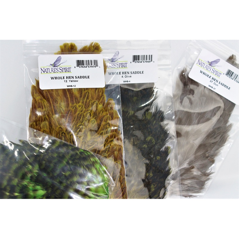 Whole Hen Saddle Patch|Yellow|Caddis Green|Dun|Olive|Brown|Burnt/Crawdad Orange|Natural (Speckled Brown)|Natural (Speckled Gray)