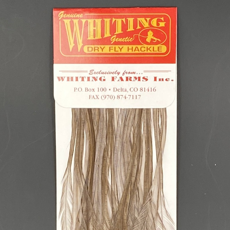 Whiting 100 Pack Dry Fly Hackle  – White dyed Dark Dun  – 10