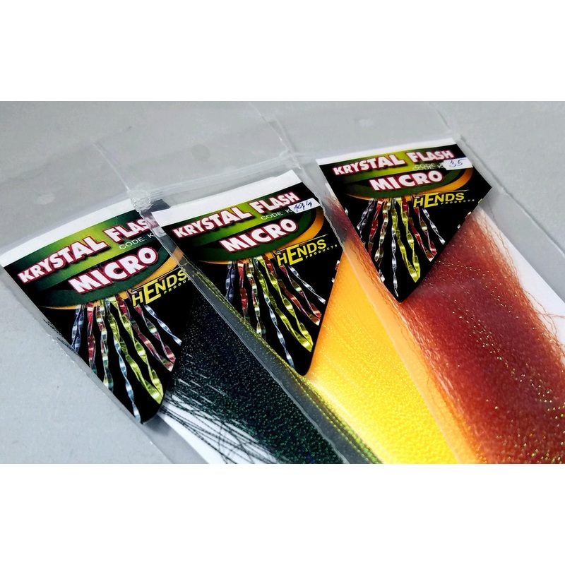 Hends Krystal Flash Micro|White 01|Orange 02|Yellow 06|Red 08|Sky Blue 11|Grey 15|Violet Dk. 17|Violet 18|Pink 19|Green 20|Black 30|Olive 34|Cinnamon 35|Orange Fluo 94|Chartreuse 96|Yellow Fluo 99|Blue Dk. 110|Blue Lt. 111|Khaki Lt. 134|Salmon 194|Green D