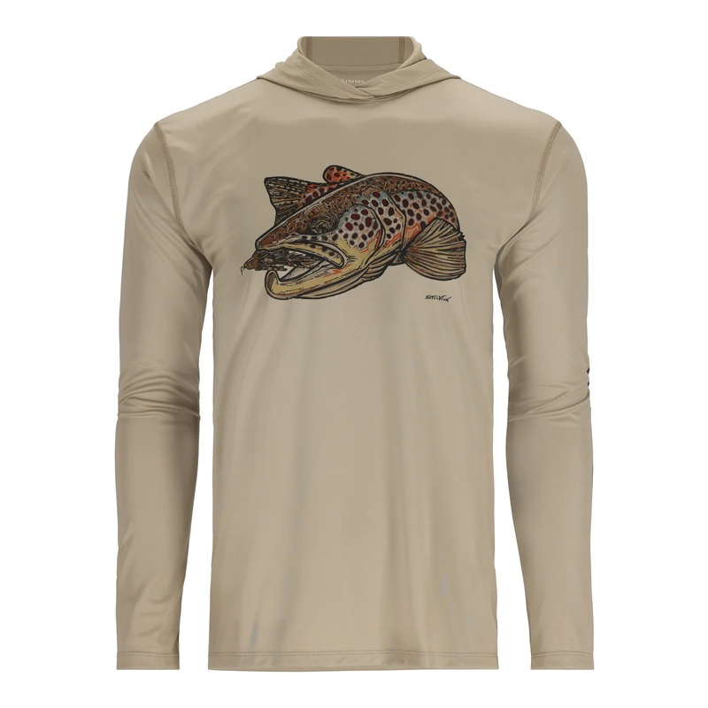 Simms Men’s Tech Hoody – Artist Series – Stone/Brown Trout  FFF Logo