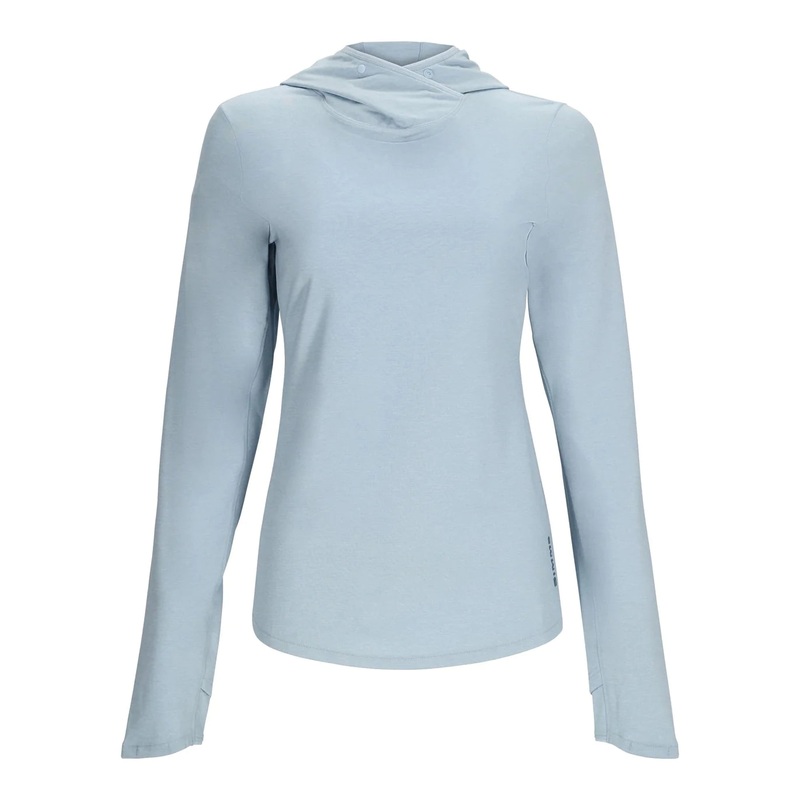Simms Women’s SolarFlex Hoody Fly Fish Food Logo – Steel Blue Heather