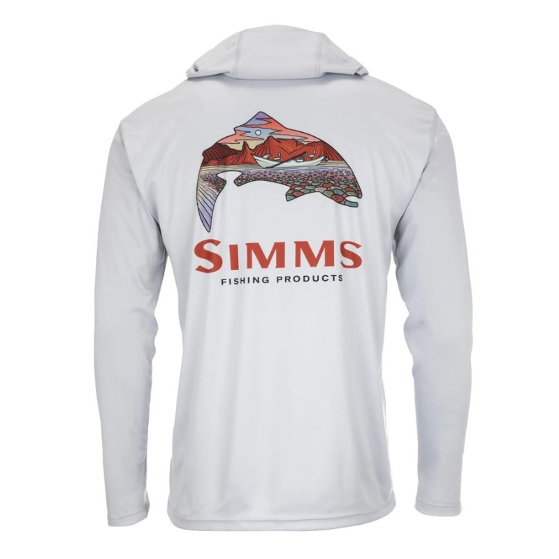 Simms Men’s Tech Hoody – Artist Series – Trout Logo Flame/Sterling FFF Logo