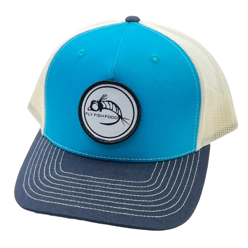 Fly Fish Food Logo Hat – Turquoise & Blue White Stitching